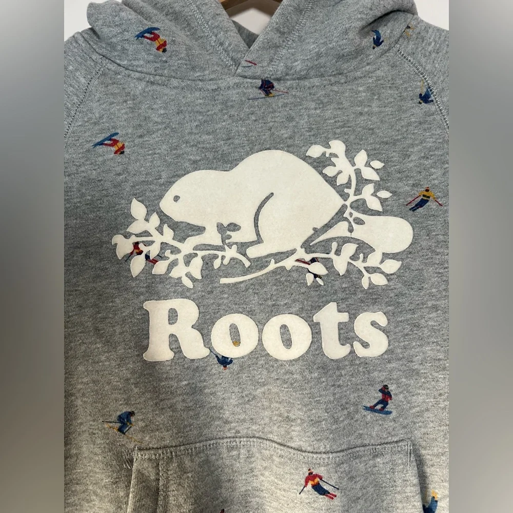 Roots Kids Hooded Sweatshirt Hoodie Gray Multi Color Mini Skiiers Size 7-8